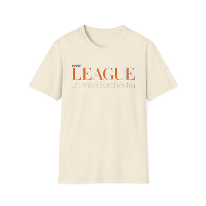Cream t-shirt with "THE LEAGUE unlimited orchestra" in orange and gray text.