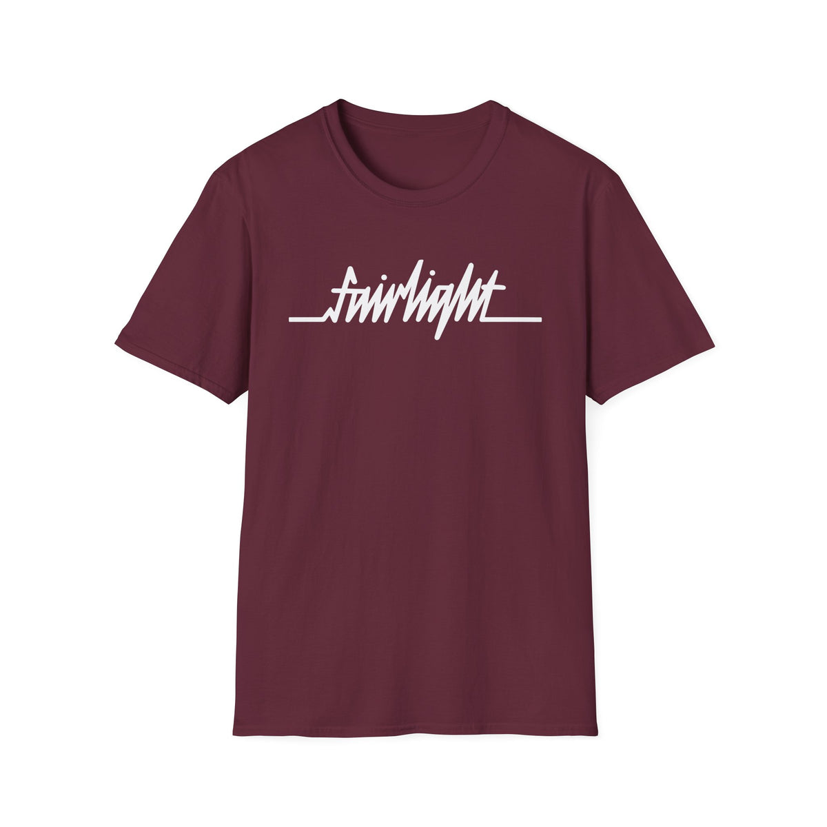 Maroon t-shirt with white "fairlight" text logo and a heartbeat line.