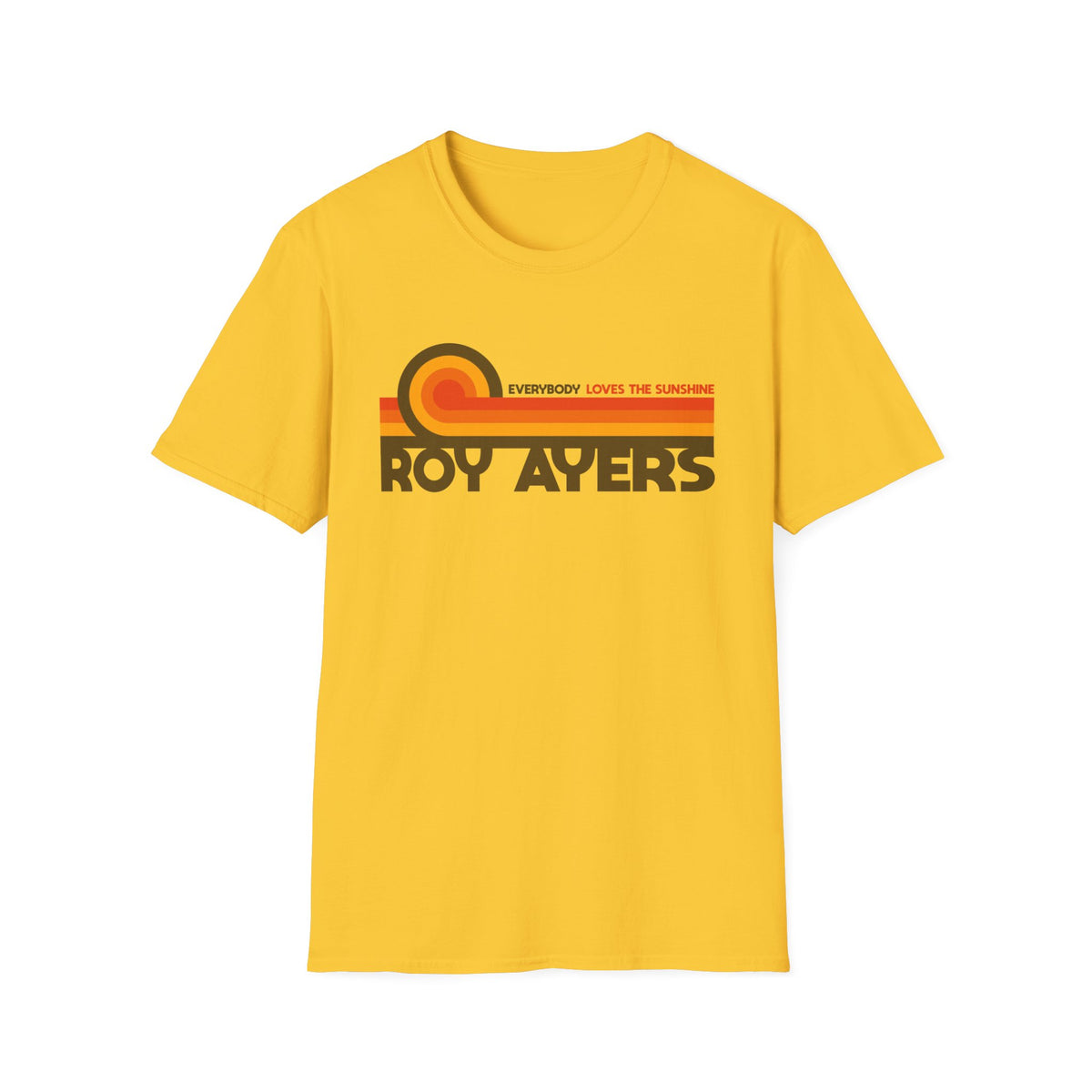 Yellow t-shirt with "ROY AYERS" and "EVERYBODY LOVES THE SUNSHINE" text.