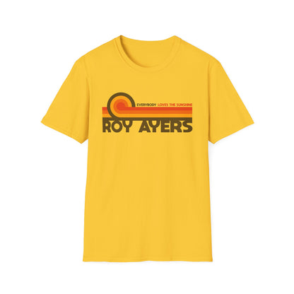 Yellow t-shirt with "ROY AYERS" and "EVERYBODY LOVES THE SUNSHINE" text.