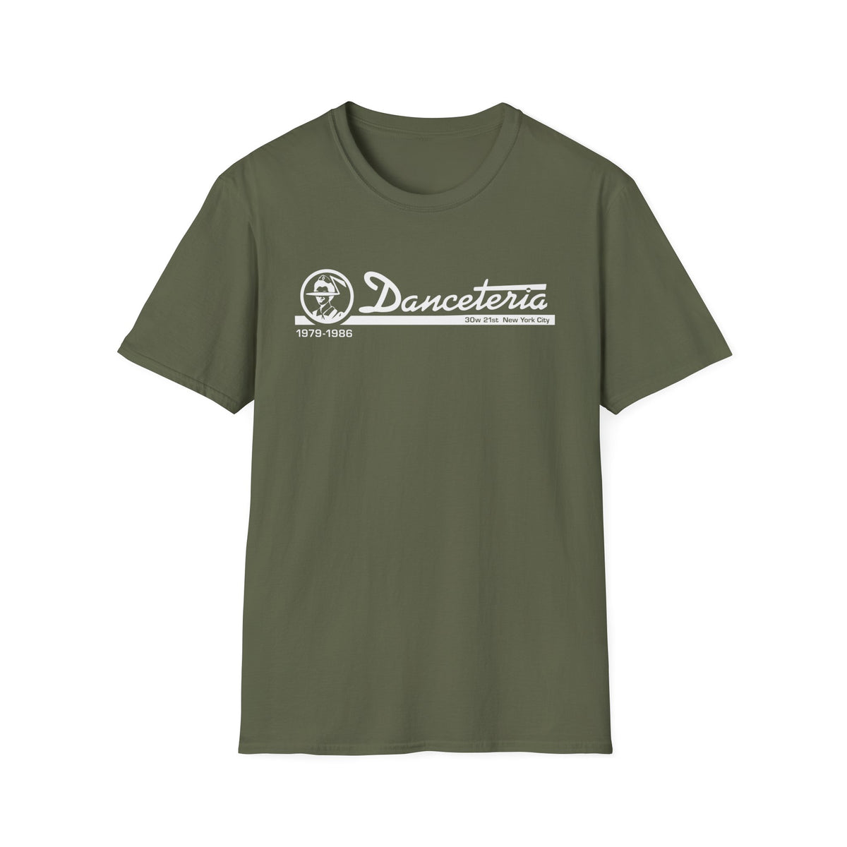 Olive green t-shirt with white "Danceteria 1979-1986 30w 21st New York City" graphic.