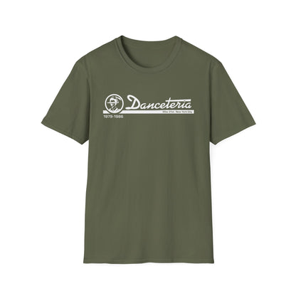 Olive green t-shirt with white "Danceteria 1979-1986 30w 21st New York City" graphic.