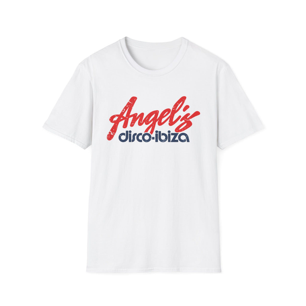 White t-shirt with distressed red "Angel's" and blue "disco-ibiza" text.
