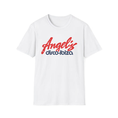 White t-shirt with distressed red "Angel's" and blue "disco-ibiza" text.