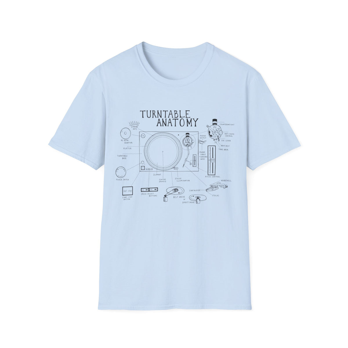 Light blue t-shirt with "Turntable Anatomy" graphic illustrating turntable parts.