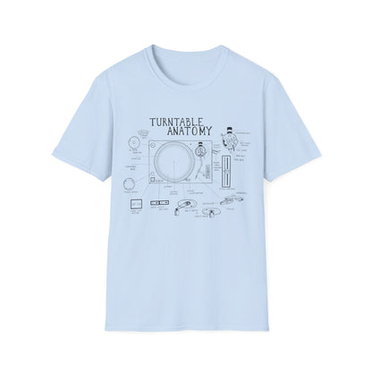 Light blue t-shirt with "Turntable Anatomy" graphic illustrating turntable parts.