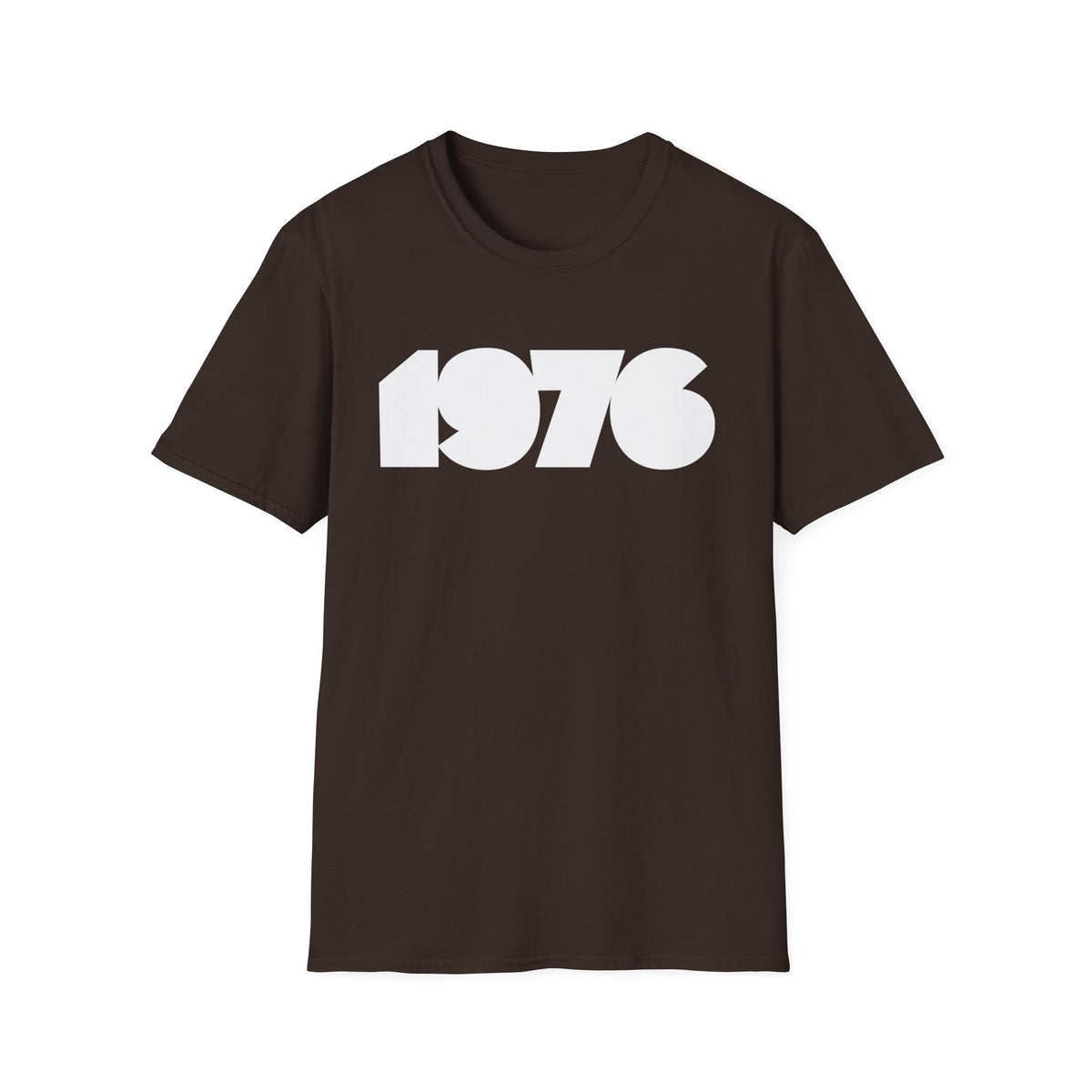 Brown t-shirt with large white "1976" graphic in block font.