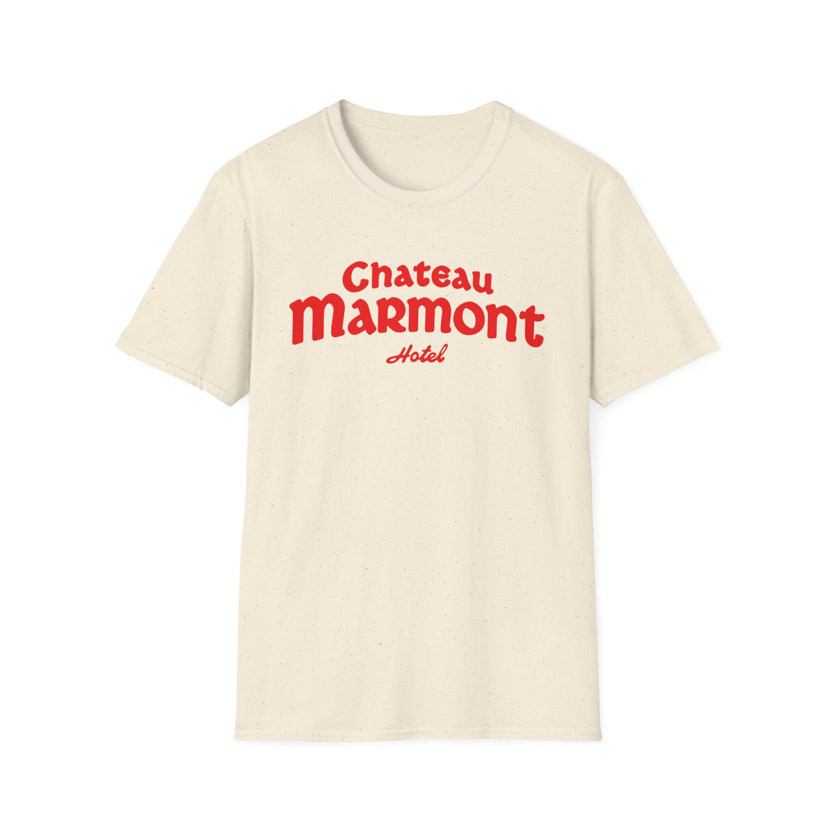 Cream t-shirt with red "Chateau Marmont Hotel" logo.