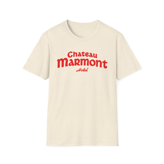 Cream t-shirt with red "Chateau Marmont Hotel" logo.