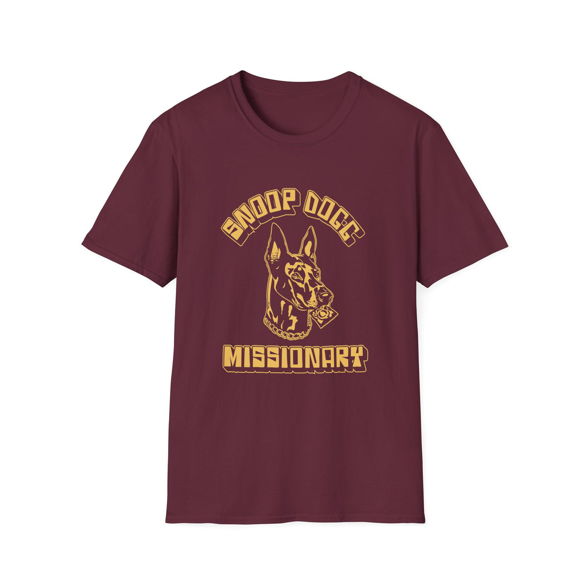 Maroon t-shirt with Snoop Dogg Missionary graphic featuring a dog holding a condom.