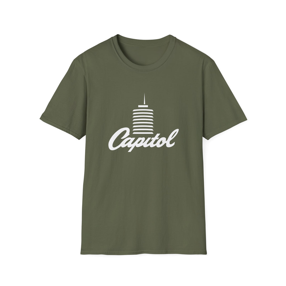Olive green t-shirt with white "Capitol" text and building graphic.