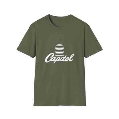 Olive green t-shirt with white "Capitol" text and building graphic.