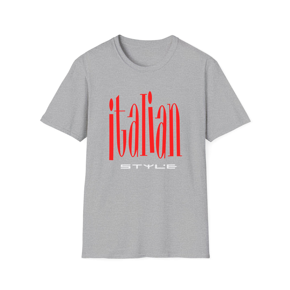 Grey t-shirt with red "italian STYLE" graphic text.