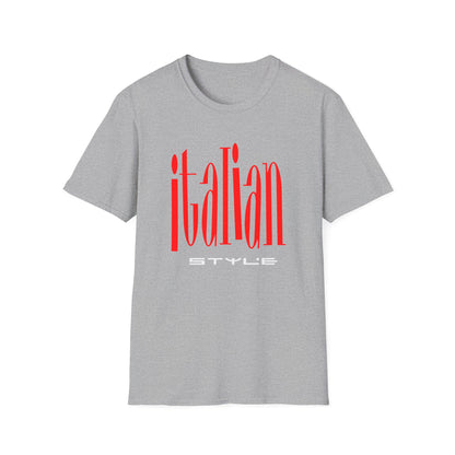 Grey t-shirt with red "italian STYLE" graphic text.