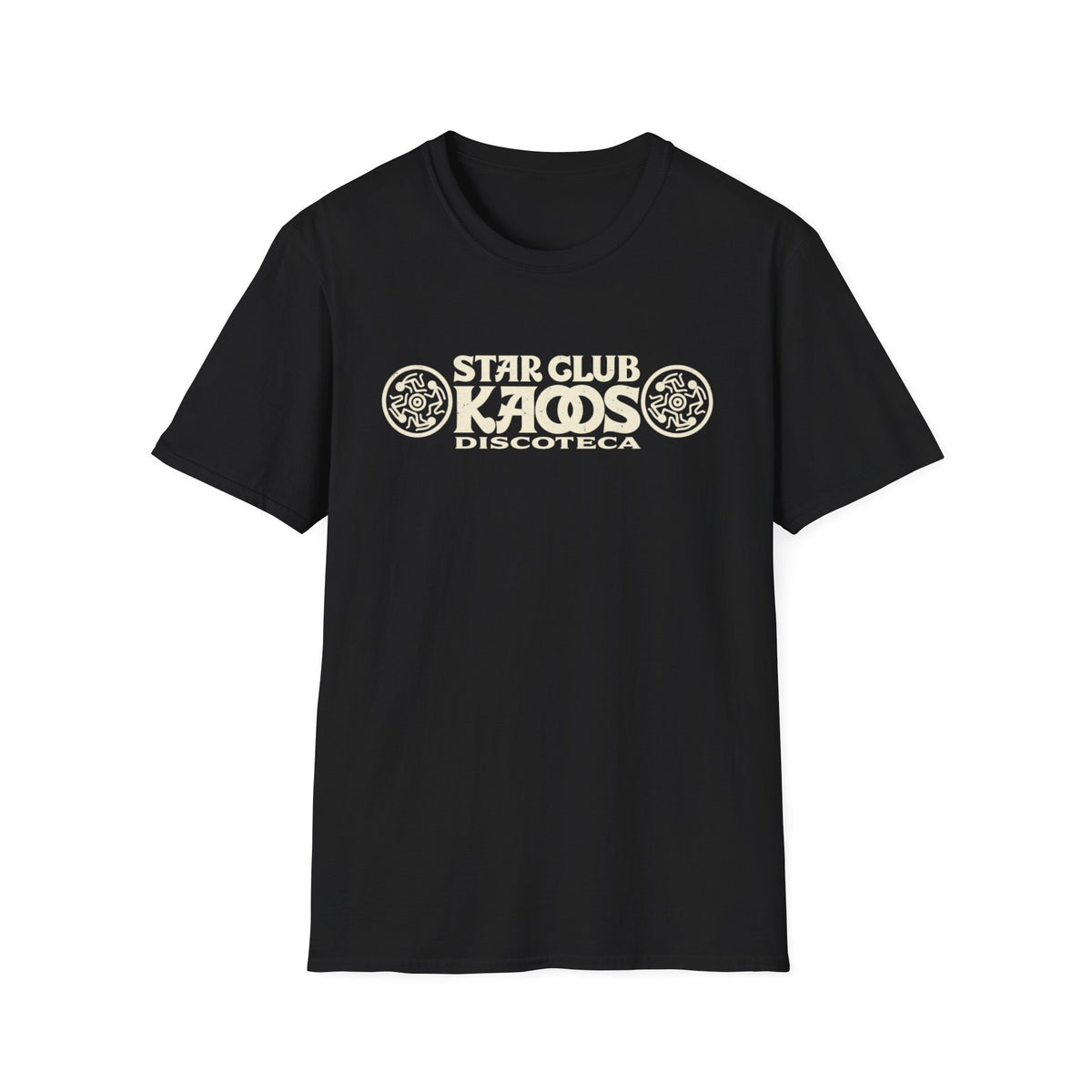 Black t-shirt with "STAR CLUB KAOS DISCOTECA" text and graphic designs.