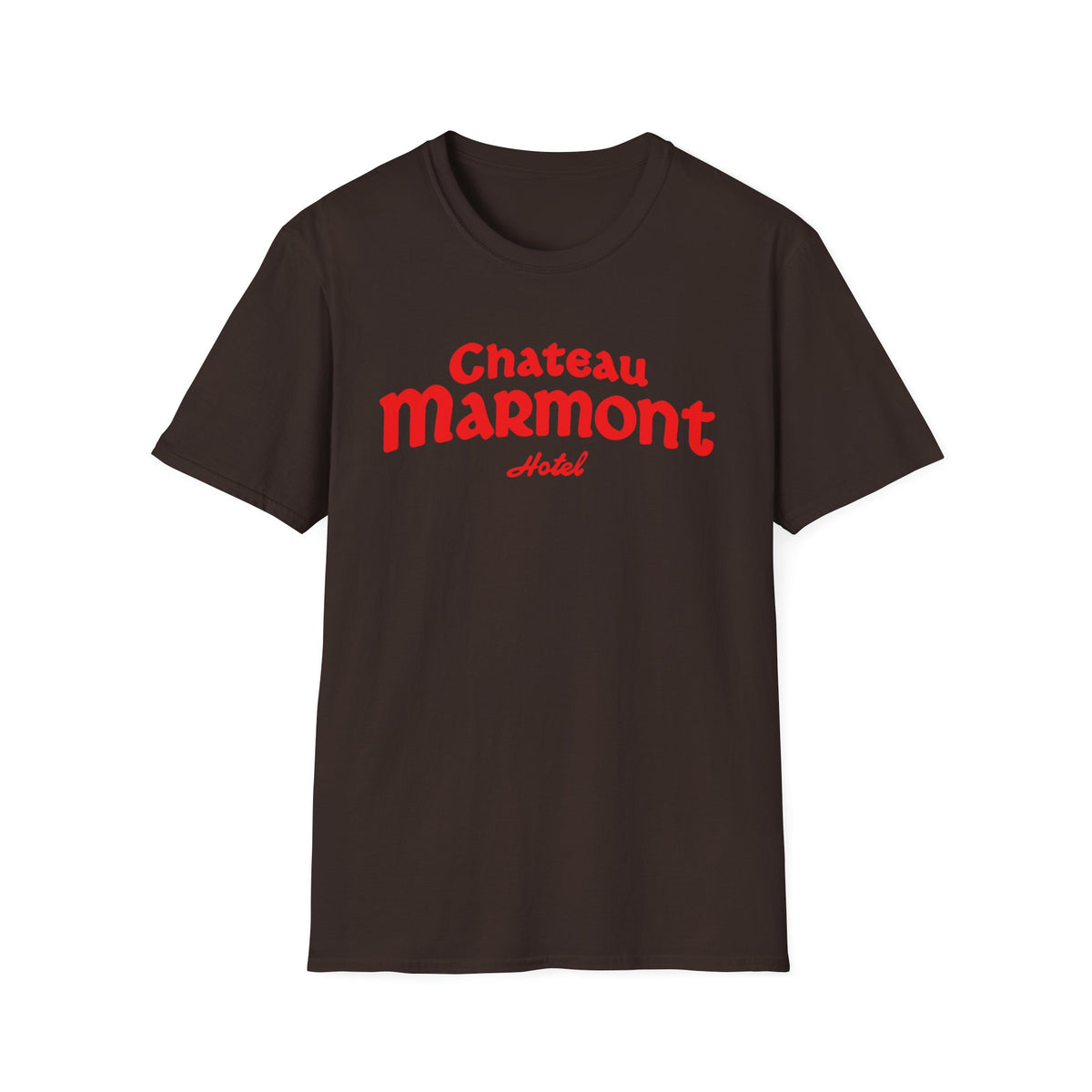 Brown t-shirt with red "Chateau Marmont Hotel" text logo.