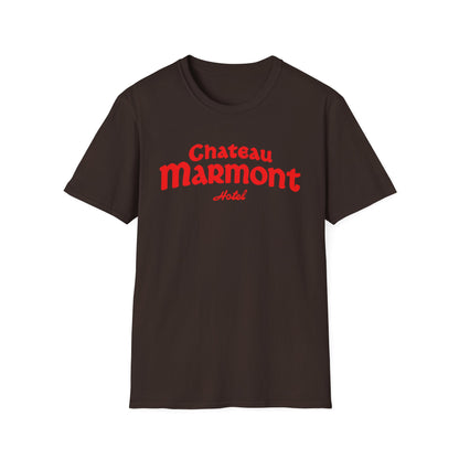 Brown t-shirt with red "Chateau Marmont Hotel" text logo.