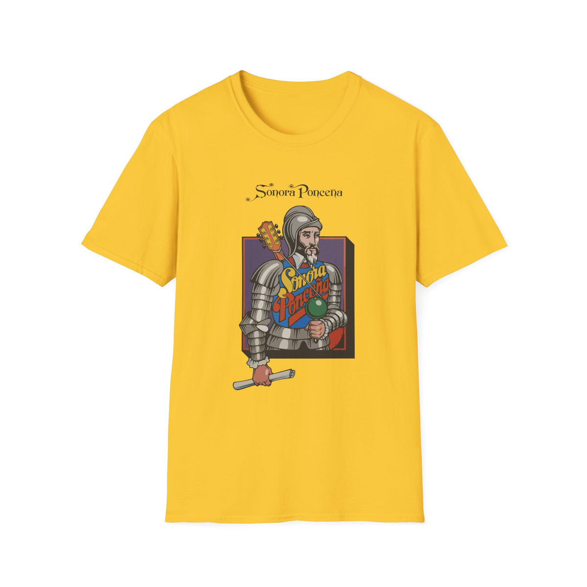 Yellow t-shirt with "Sonora Ponceña" text and a knight holding a guitar and scroll.