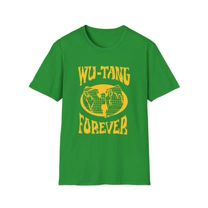 Green t-shirt with yellow "Wu-Tang Forever" text and globe graphic.