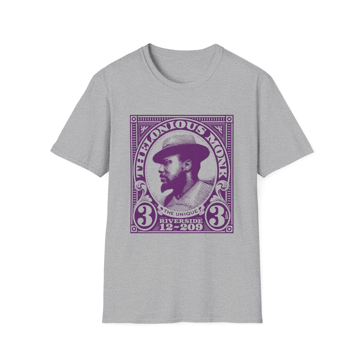 Thelonious Monk portrait in purple stamp design on a gray t-shirt.