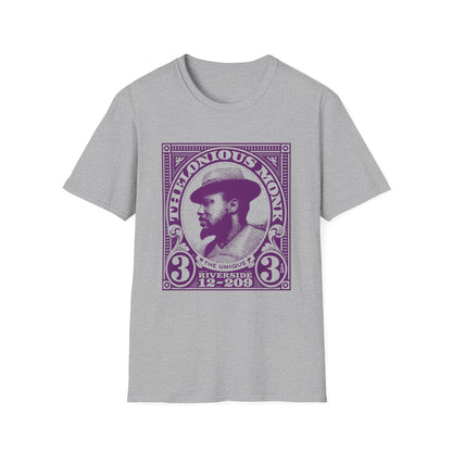 Thelonious Monk portrait in purple stamp design on a gray t-shirt.