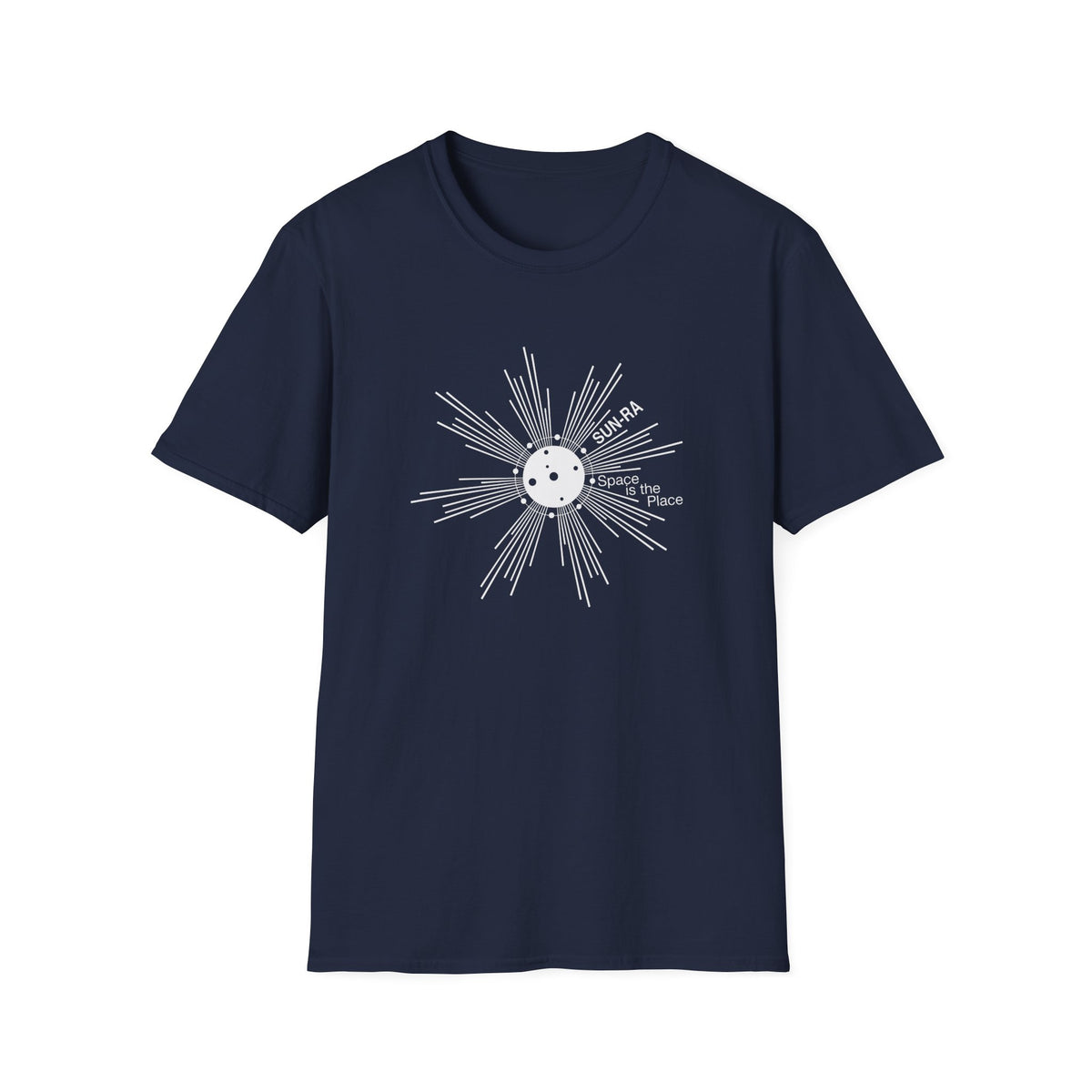Navy t-shirt with white "Sun-Ra Space Is The Place" graphic.