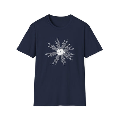 Navy t-shirt with white "Sun-Ra Space Is The Place" graphic.
