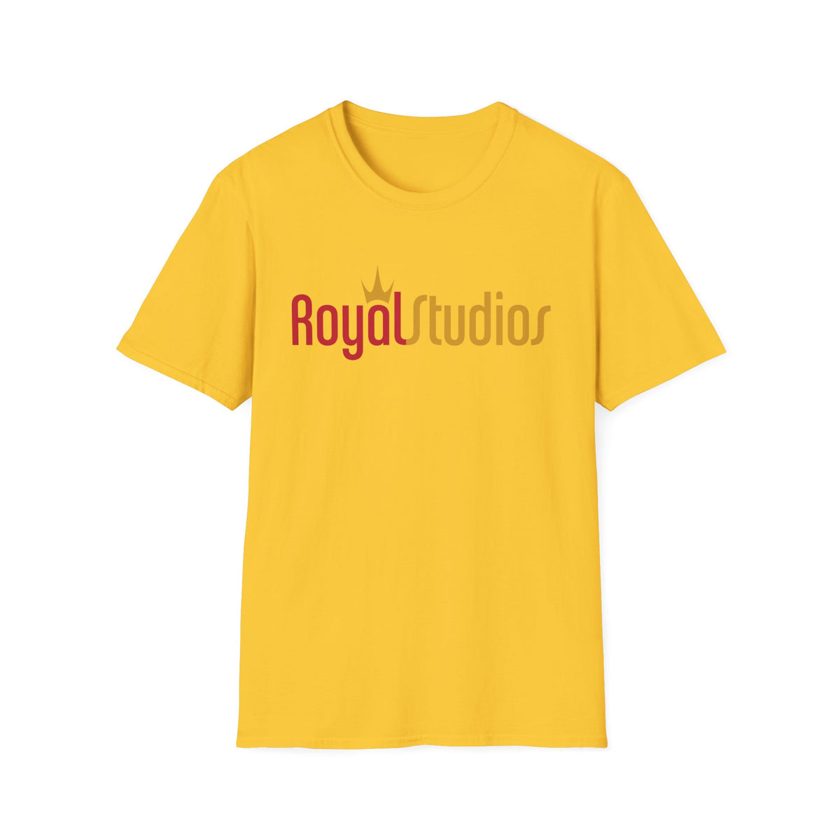 Yellow t-shirt with red and gold "Royal Studios" logo and crown graphic.