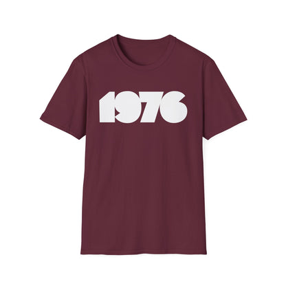 Maroon t-shirt with white 1976 graphic on the chest