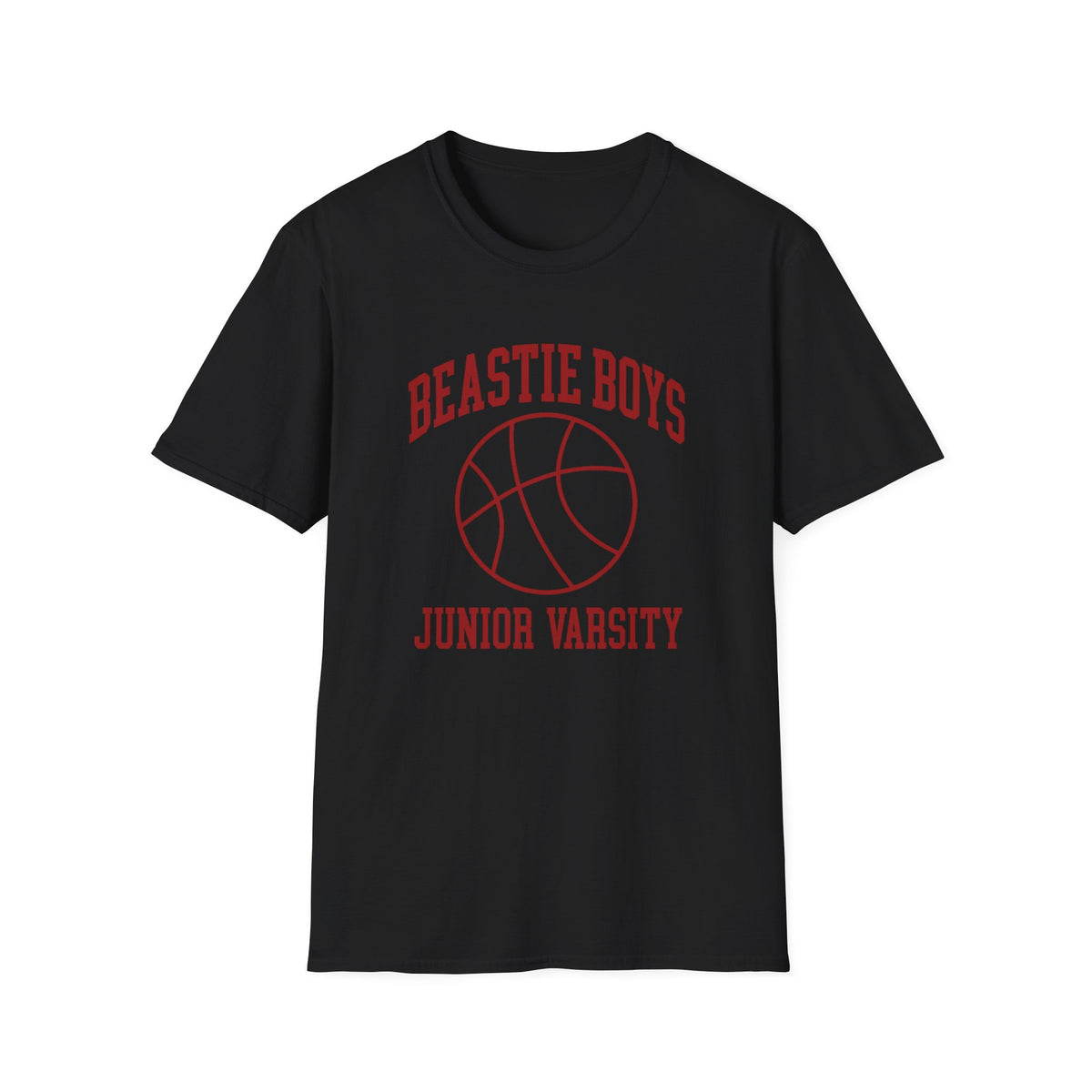 Black t-shirt with red "Beastie Boys Junior Varsity" text and basketball graphic.