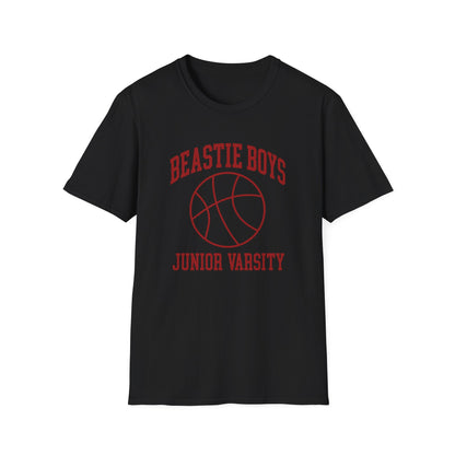 Black t-shirt with red "Beastie Boys Junior Varsity" text and basketball graphic.
