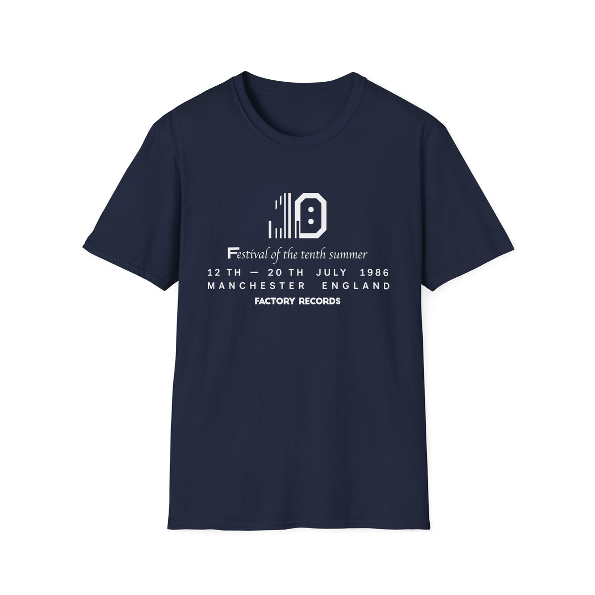 Navy t-shirt with "Factory Records" festival text and graphic.