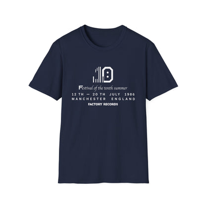 Navy t-shirt with "Factory Records" festival text and graphic.