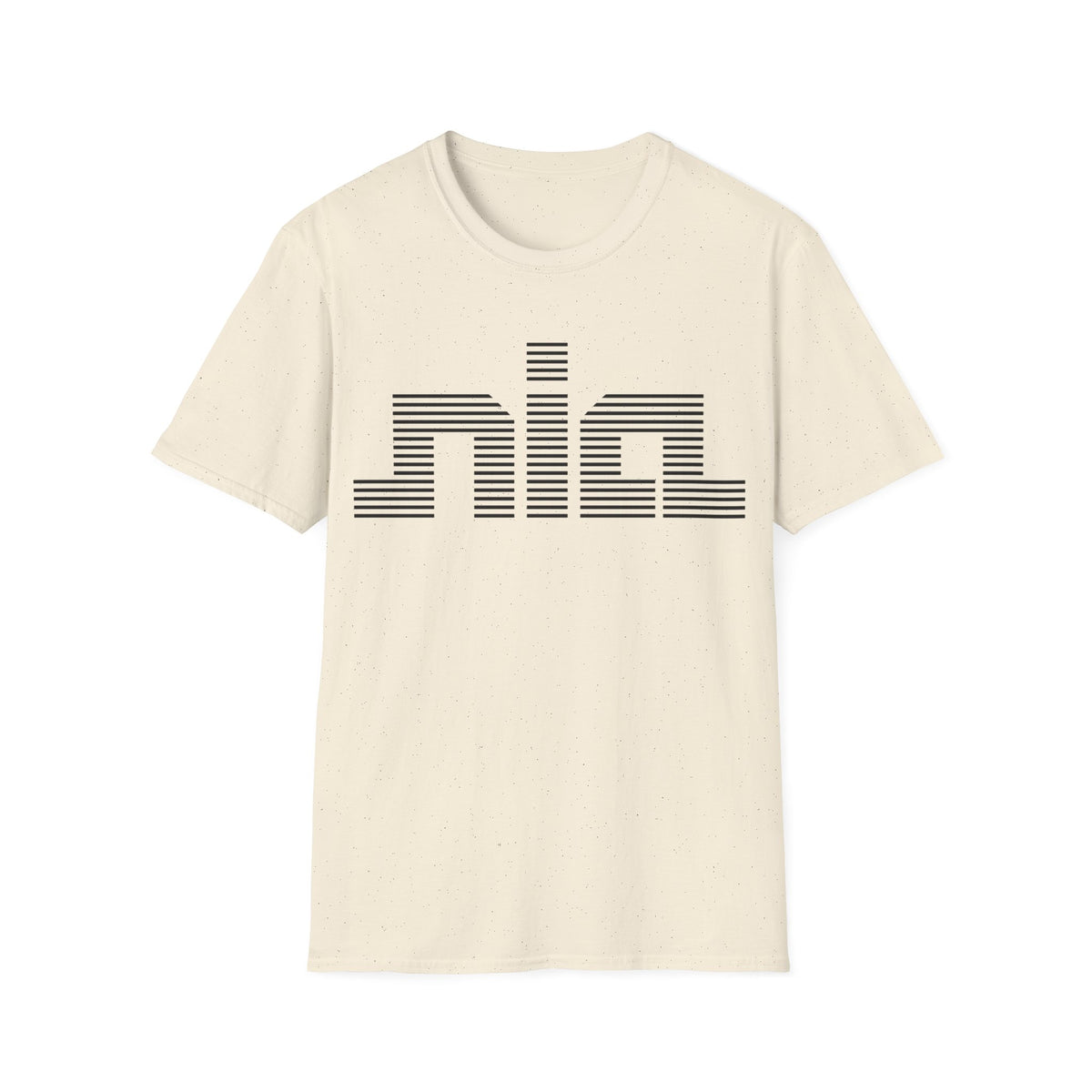 Cream t-shirt with horizontal black lines forming the word "nia".