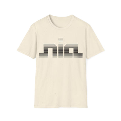 Cream t-shirt with horizontal black lines forming the word "nia".