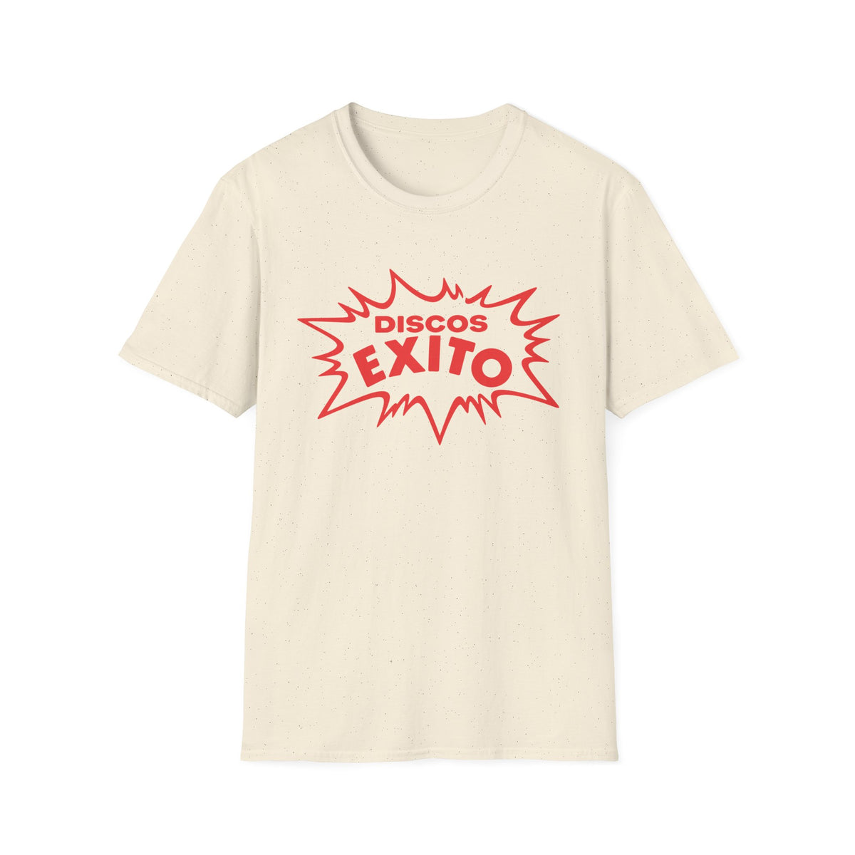 Cream t-shirt with red "Discos Éxito" text in a starburst design.