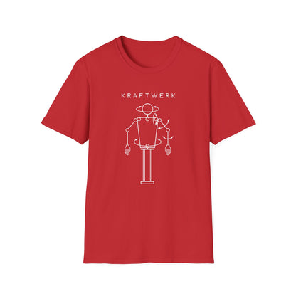 Red t-shirt with white Kraftwerk logo and robotic figure graphic.