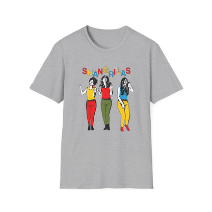 Gray t-shirt with "SHANGRI-LAS" text and illustration of three women.