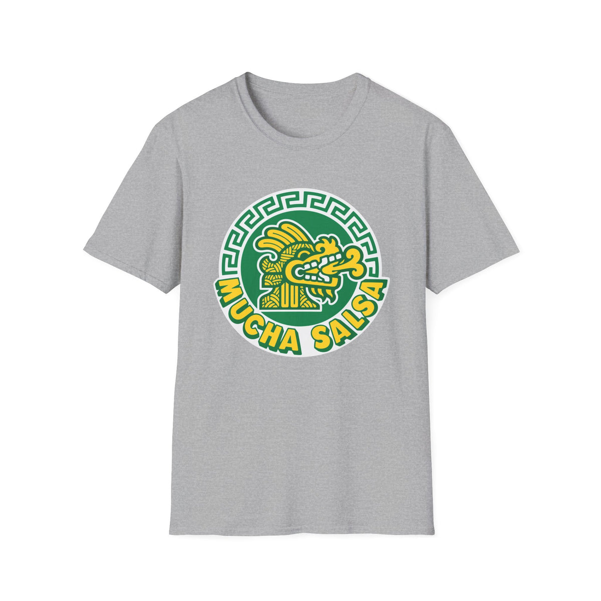 Grey t-shirt with green and yellow "Mucha Salsa" logo featuring a stylized dragon head.
