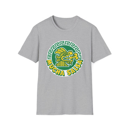 Grey t-shirt with green and yellow "Mucha Salsa" logo featuring a stylized dragon head.