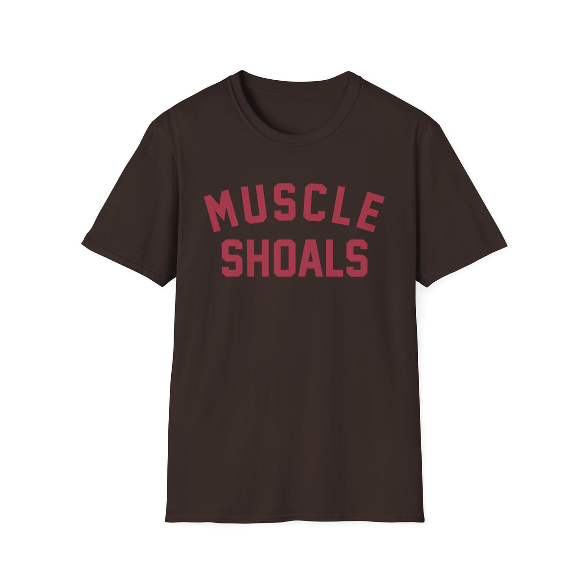 Brown t-shirt with red text reading "MUSCLE SHOALS"