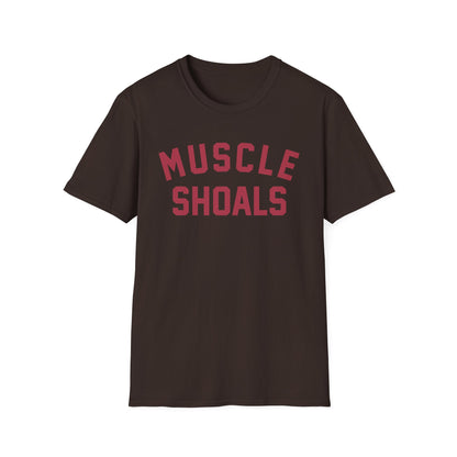 Brown t-shirt with red text reading "MUSCLE SHOALS"
