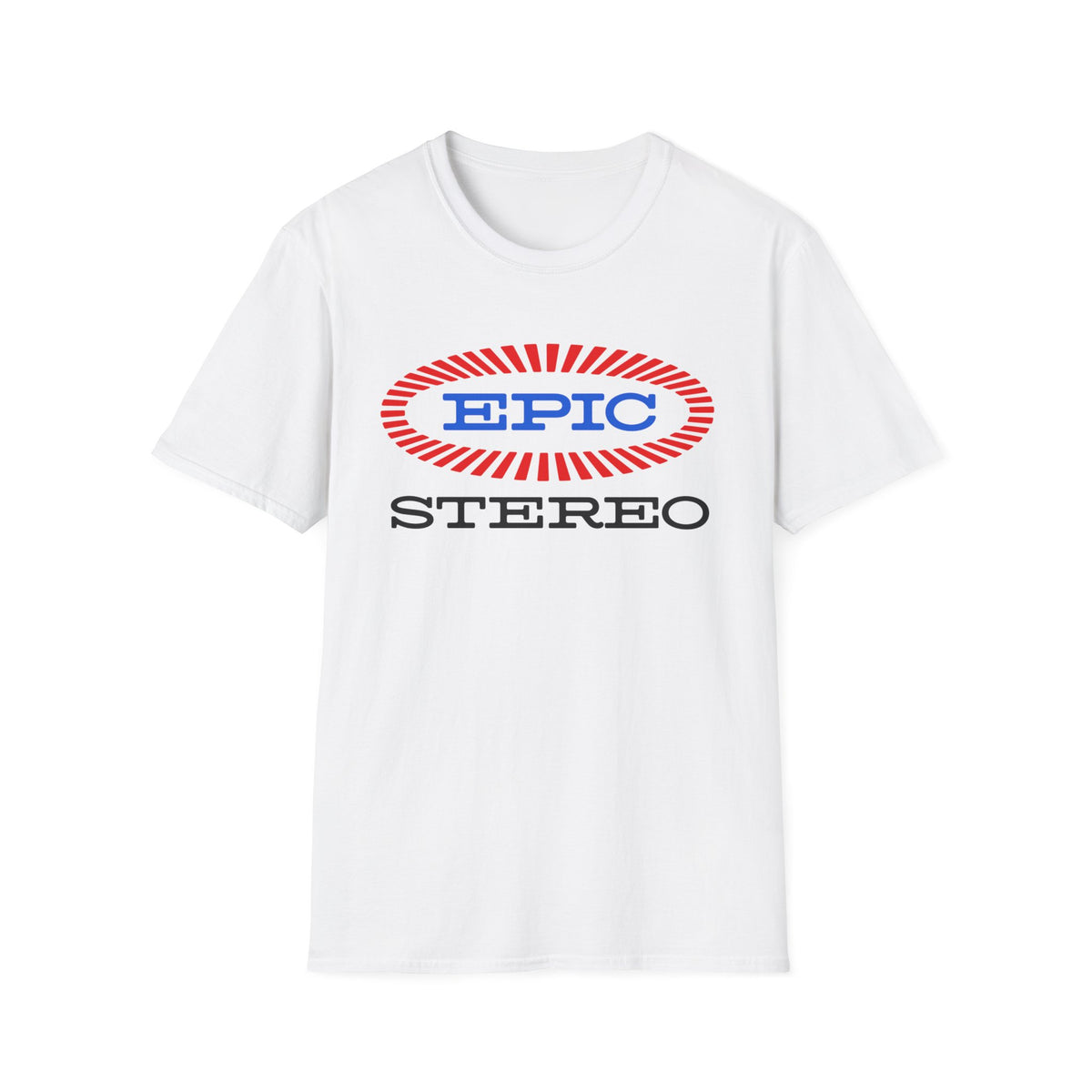 White t-shirt with "EPIC STEREO" graphic.