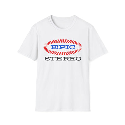 White t-shirt with "EPIC STEREO" graphic.