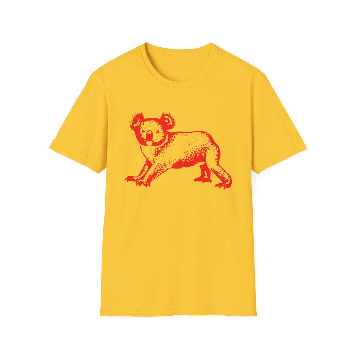 Yellow t-shirt with a distressed red koala graphic on the front.