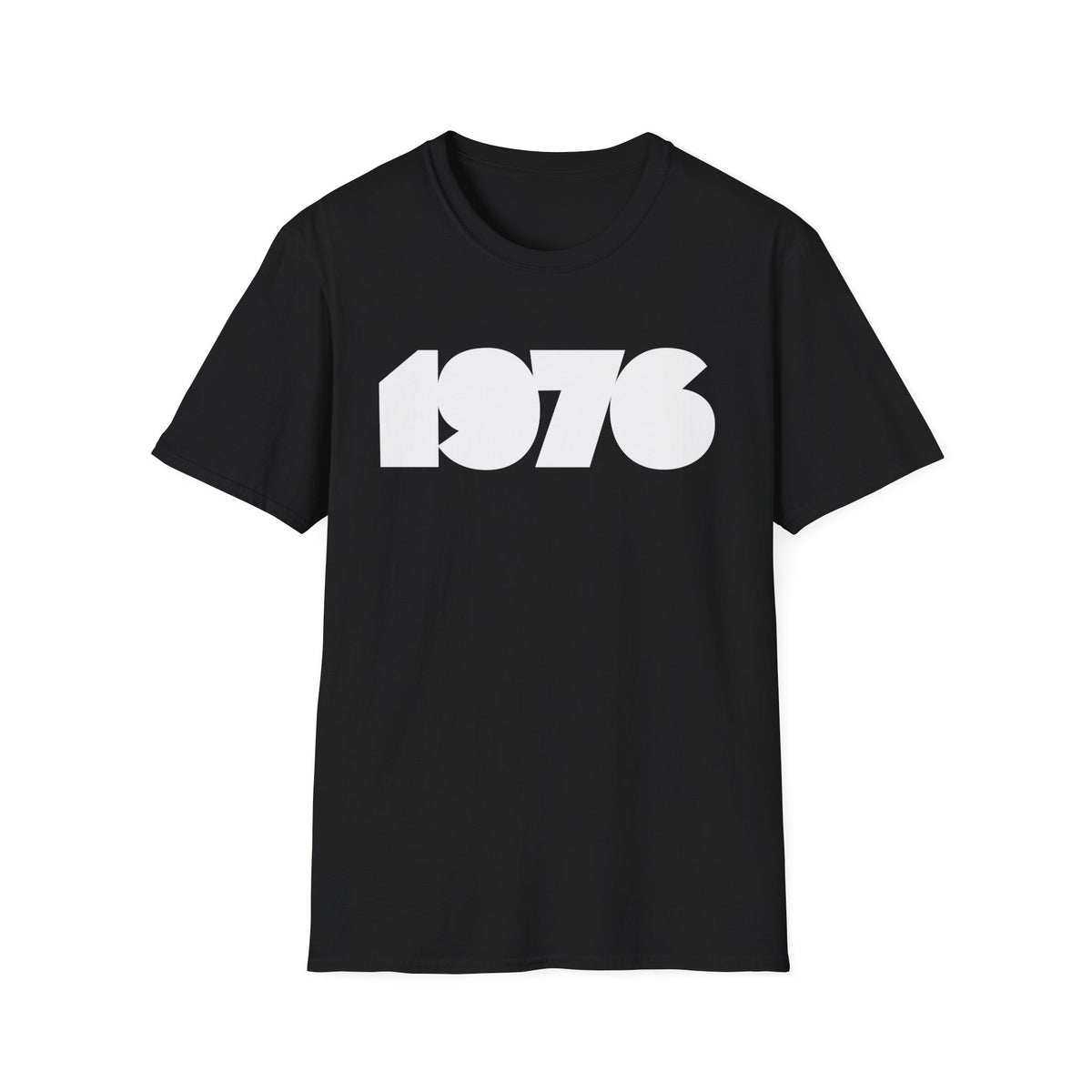 Black t-shirt with white bold "1976" graphic print.