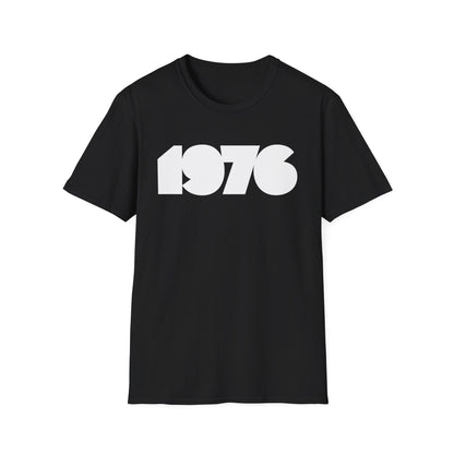 Black t-shirt with white bold "1976" graphic print.