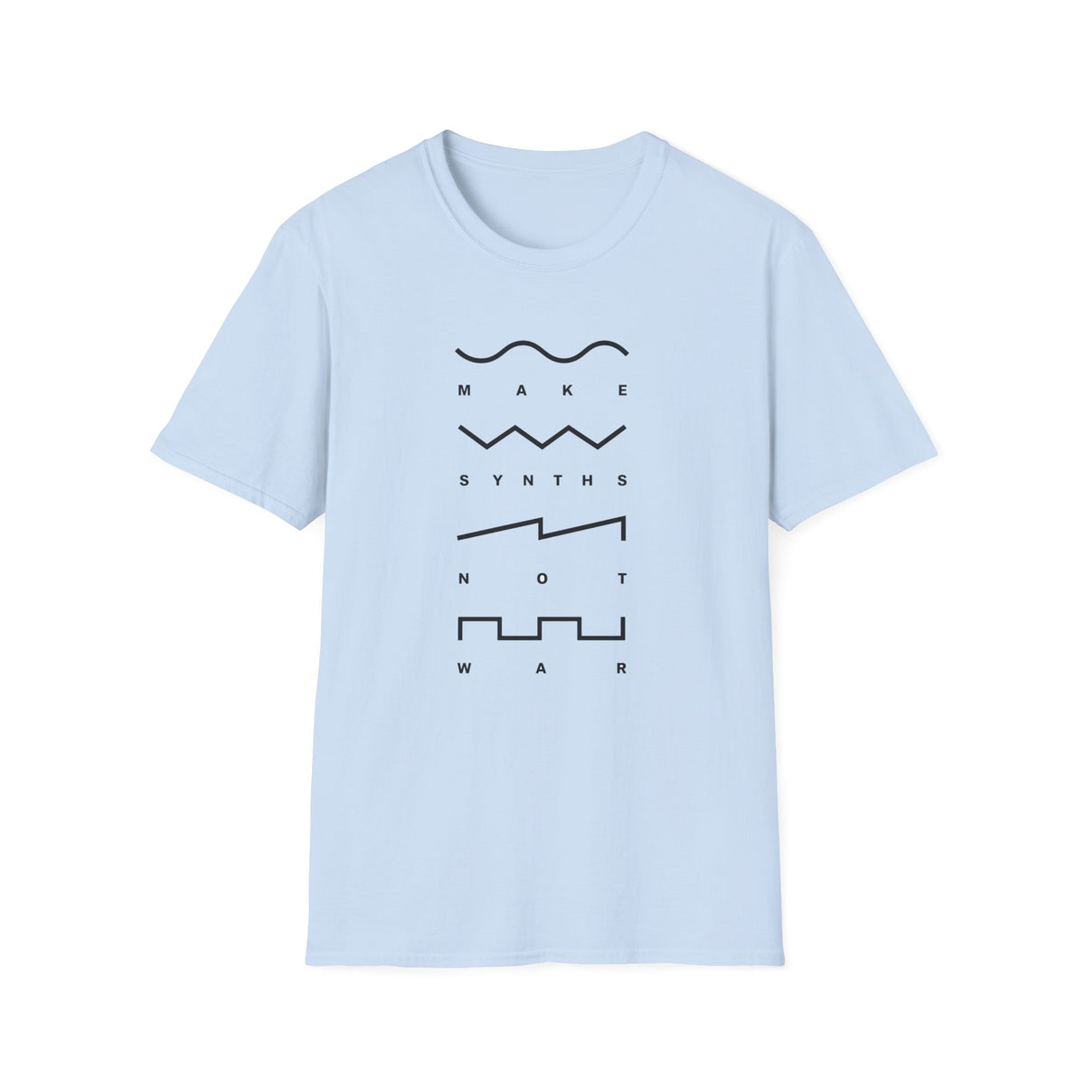 Light blue t-shirt with black text "MAKE SYNTHS NOT WAR" and waveform graphics.