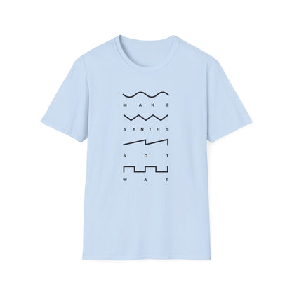 Light blue t-shirt with black text "MAKE SYNTHS NOT WAR" and waveform graphics.