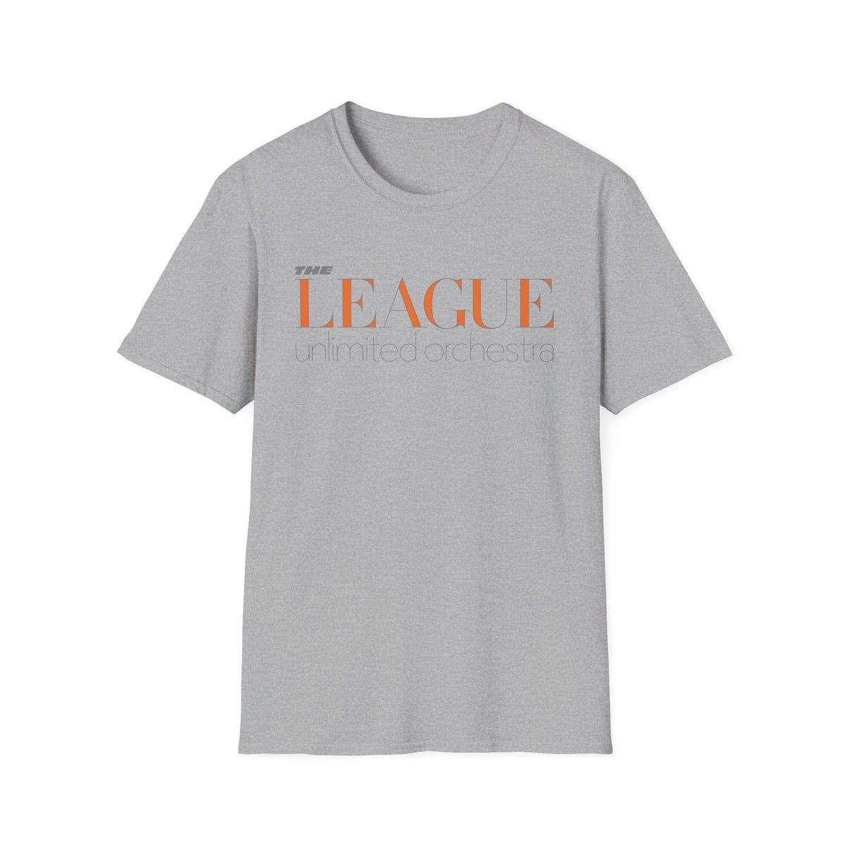 Grey t-shirt with orange and grey text reading "THE LEAGUE unlimited orchestra".